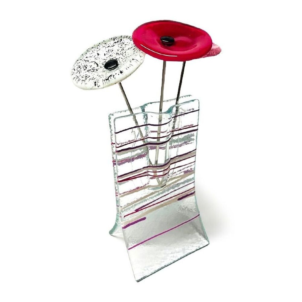 Vases - Vase fuscia-blanc-violet orné de rayures et de 3 petites fleurs - CARNEOL GLASS