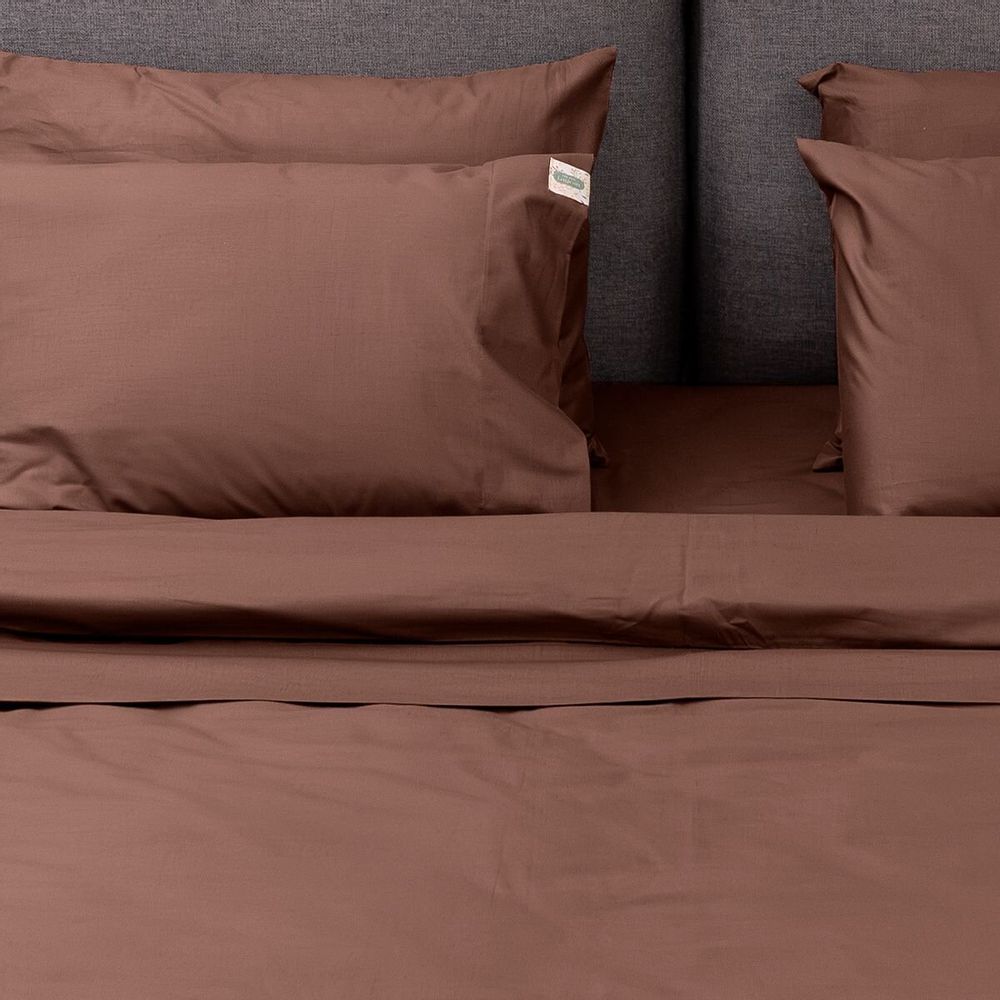 Linge de lit - Parure de lit double, 100 % coton ranforce, marron - DILIOS