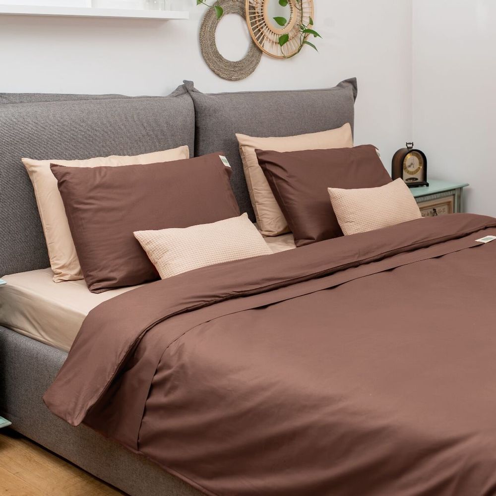 Linge de lit - Parure de lit double, 100 % coton ranforce, marron - DILIOS