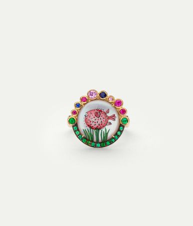 WHITEBIRD - Blue Puffer Fish yellow gold and emerald ring